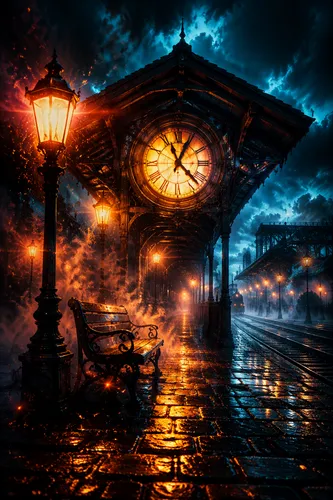 Epic Hollywood blockbuster poster illustration, no text, framed from a dramatic three-quarter angle, depicting a foggy night train station at maximum visual intensity. A towering wooden canopy frames 