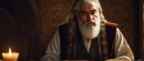 Ezekiel 1 art, ancient Hebrew prophet, long white beard, worn-out biblical clothing, holding a large leather-bound book, intense gaze, strong facial features, golden lighting, warm color palette, myst