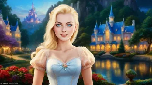 Romantic masterpiece oil painting, cute girl portrait, nostalgic 1950's style kitsch, breathtaking beautiful Disney kingdom landscape, majestic fantasy scenery, evening lighting, highly detailed highr