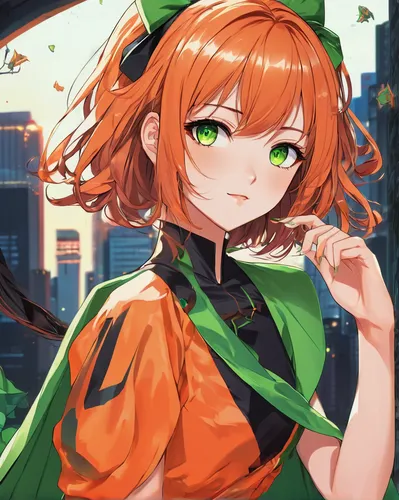 Adolecente mujer Cabello negro con naranja largo y esponjoso ; ojos verdes y vestido corto negro,green tangerine,emerald,cayenne,patrol,meteora,wiz,nora,hinata,orange,halloween background,green orange