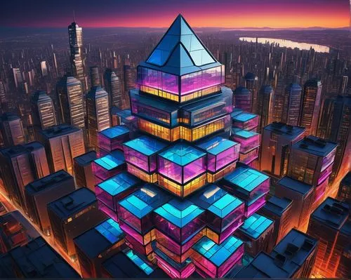 Hexagonal skyscraper, futuristic cityscape, urban landscape, sleek metallic exterior, gleaming glass windows, intricate geometric patterns, modernist design, symmetrical composition, sharp angles, tow