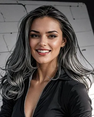 COMIC STYLE, COMIC ART, Tuschelinien, Schatten, dynamische Linienführung, 2000's Comic‑Look, slim black ink outline,a realistic model is dressed in a black top,colorizing,domino,portrait background,sm