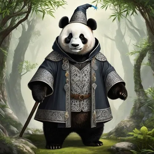 "Générer une image en noir et blanc d'un panda géant anthropomorphique habillé en sorcier ou aventurier. Le panda doit avoir une expression douce et légèrement espiègle. Son pelage doit être rendu ave
