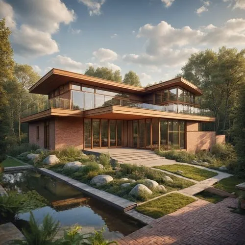 a brick pond in front yard,modern house,house with lake,mid century house,3d rendering,forest house,pool house,dunes house,house by the water,timber house,modern architecture,beautiful home,contempora