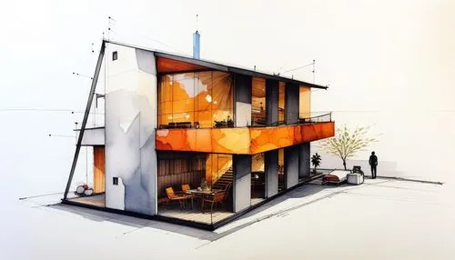 a drawing of a small modern house with an upper floor living room,cube stilt houses,inverted cottage,stilt houses,prefab,cubic house,stilt house