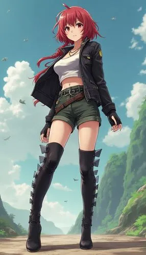 Anime world: A classic action-adventure anime featuring a striking female protagonist whose outfit blends traditional anime design with a bold, fetish-inspired twist. She’s a fierce and capable fighte