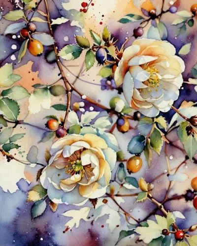 Белый шиповник,watercolor painting of yellow roses and oranges on blue background,apricots,watercolor fruit,plum tree,apricot flowers,plum blossoms,fruit blossoms