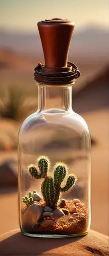miniature desert landscape, transparent glass bottle, swirling sandstorm inside, intricate details on bottle's surface, rusty metal cap, old-fashioned label, worn leather strap around neck of bottle, 
