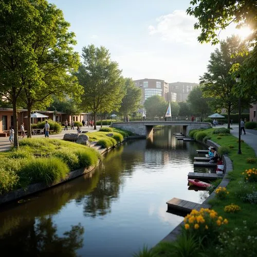 Scenic riverbank, lush green vegetation, winding watercourse, tranquil atmosphere, rustic wooden docks, sailboats, kayaks, picturesque bridges, meandering pedestrian paths, natural stone retaining wal