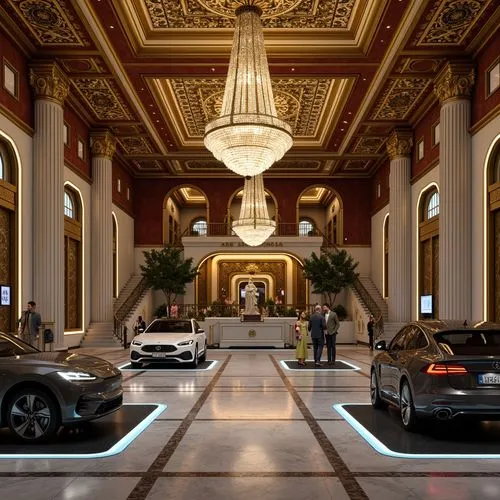 Intricate carvings, ornate gold accents, grandiose columns, sweeping archways, lavish moldings, opulent chandeliers, rich velvet upholstery, polished marble floors, dramatic lighting effects, majestic