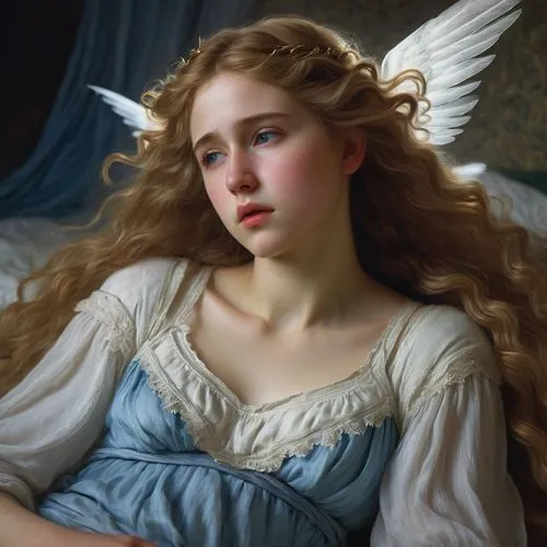 Create a photo realistic in William-Adolphe Bouguereau style of a beautiful adult female angel has a curved body, big plump breasts, white skin, flowing long golden hair, blue eyes, wearing lingerie, 