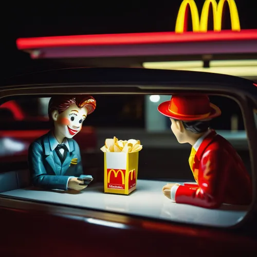 Write a romantic story about McDonald's Ronald and his friends planning a surprise marriage proposal at the McDonald's drive-thru.,mcdonald,mcdonald's,mcdonalds,kids' meal,drive in restaurant,fast-foo