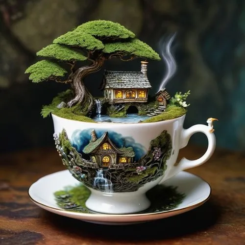 Hyperdetailed art of Close-up ornate porcelain teacup containing a miniature enchanted forest, tiny fairies flitting between mushroom houses, a diminutive unicorn drinking from a tea-fall cascading do