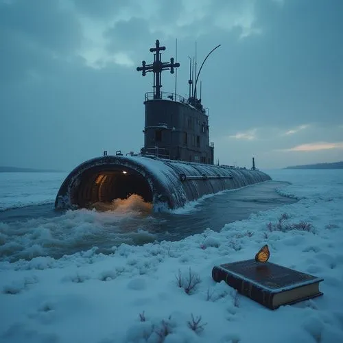 雪暴特效，昏暗，废墟，Denis Villeneuve式冷峻构图。西伯利亚冻原上，生锈的核潜艇舱门半开，内部涌出冰封的难民尸体浪涛。指挥塔顶部安装着逆向生长的青铜十字架，声呐屏持续显示着深海传来的摩尔斯电码鬼影，甲板积雪中埋着刻满胎儿牙印的钛合金圣经。一只蝴蝶飞舞在其中,a book and lighthouse in some snow next to water,submarine,sever