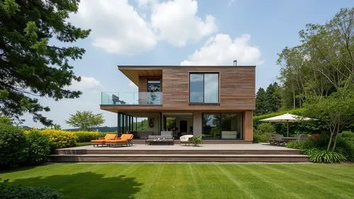 a modern house with its large lawn,wooden decking,landscaped,modern house,summer house,holiday villa,timber house,passivhaus,architektur,corten steel,garden elevation,luxury property,grass roof,lohaus