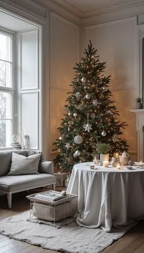 A Scandinavian interior Christmas wallpaper featuring cozy interiors, styled with monochrome tones, evoking a festive and cheerful atmosphere.,a table covered with christmas decorations next to a livi