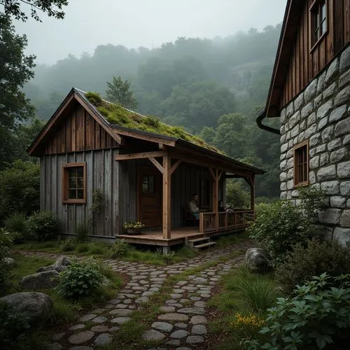 Rustic wooden cabin, distressed textures, weathered stone walls, earthy tones, natural materials, moss-covered roofs, overgrown vegetation, misty atmosphere, warm soft lighting, cinematic composition,