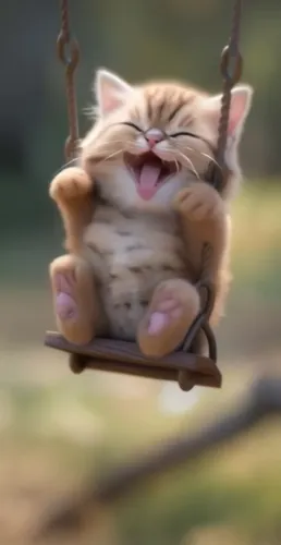 a cat in a swing, looking crazy,hanging cat,hanging swing,empty swing,cute cat,wooden swing,funny cat