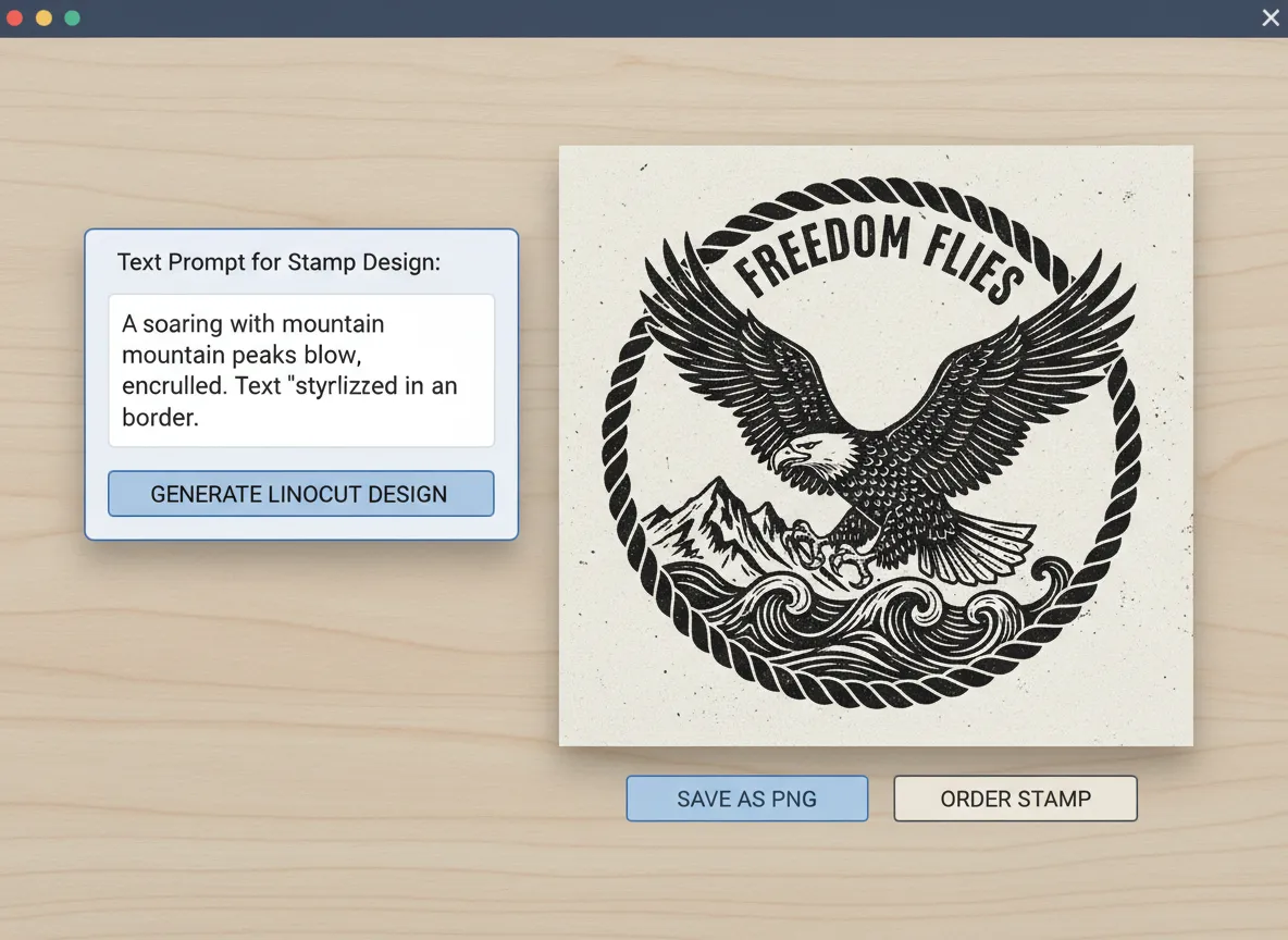 एक यूजर इंटरफेस जो 'स्टैम्प कार्विंग डिजाइन' के लिए टेक्स्ट प्रॉम्प्ट इनपुट और परिणामी लिनोकट ग्राफिक दिखा रहा है।