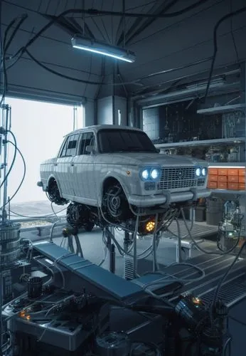 A car in a sci-fi style repair shop,automobile repair shop,auto repair shop,car repair,gaz-21,auto repair,automotive care,volvo amazon,datsun 510,car mechanic,auto mechanic,car salon,automotive batter