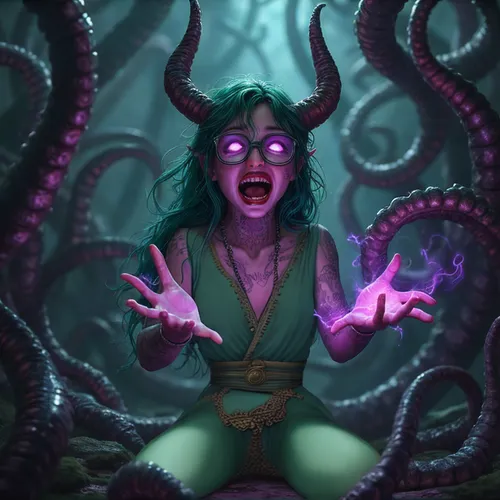 the girl is surrounded by tentacles and light makeup,medusa gorgon,medusa,illithid,blackarachnia,eldritch,ursula,gorgon,tentacles,demonata,cthulhu,kalima,lamia,tentacle,kerrii,xerocrassa,hela,nissa,te