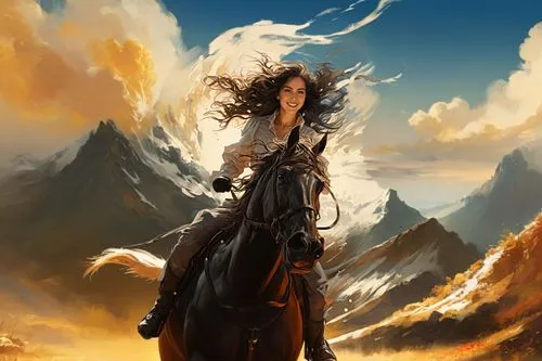 a woman riding a horse through the desert with her wind in her hair,horsewoman,horseback,black horse,horseman,equestrian,wind warrior,heroic fantasy,horseback riding,fantasy picture,horse herder,fanta