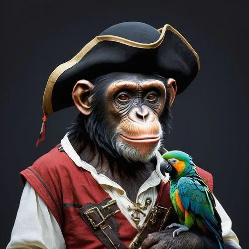 A chimpanzee dressed as a pirate, wearing a camisole, a triangle hat and a black patch over one eye. A parrot sits on his shoulder.,an image of a monkey holding a parrot,pirata,barbossa,pirate,piratic