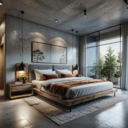 a master bedroom with concrete walls, a wooden bed and lamps,modern room,loft,sleeping room,bedroom,bedrooms,great room,interior modern design,modern decor,guest room,contemporary decor,exposed concre