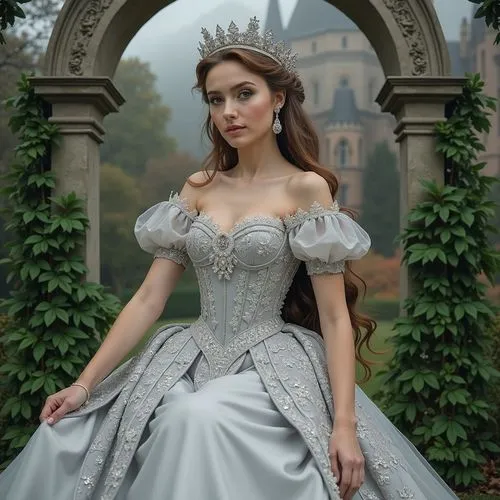 A photo-realistic shoot from a frontal camera angle about a beautiful woman in a silver wedding dress sitting elegantly in an archway surrounded by greenery, with a castle in the background. on the mi