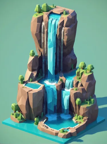 Craft a serene waterfall in SculptGL.,a small waterfall,waterfall,water fall,water falls,low poly,cascade,wasserfall,low-poly,waterfalls,fountain,green waterfall,floating island,tower fall,brown water