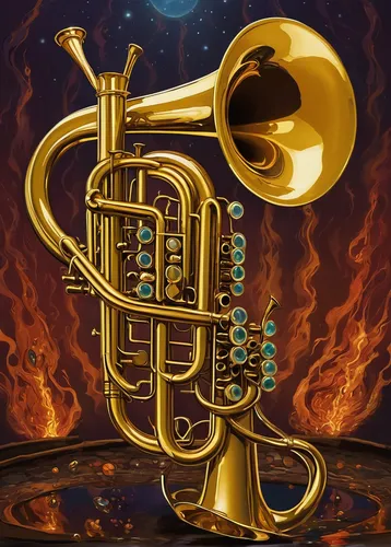 Imagine a trumpet pitcher as a sentient being with magical powers.,saxhorn,fanfare horn,flugelhorn,tuba,drawing trumpet,euphonium,brass instrument,trumpet of jericho,saxophone,gold trumpet,trumpet,sou