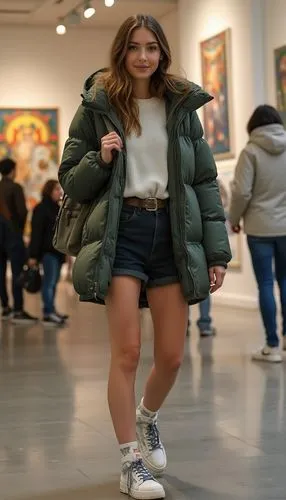 A sleek fall outfit with a cropped puffer coat, biker shorts, and high-top sneakers. She’s exploring a pop-up art exhibit, with a trendy backpack for a youthful, sporty look.

























