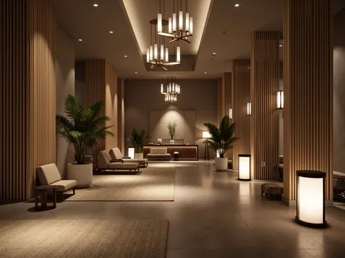 Understated hotel lobby, sleek modern chandeliers, floor lamps with slim profiles, recessed ceiling lights, subtle ambient glow, polished chrome accents, minimalist decor, neutral color palette, natur