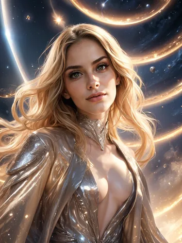 a woman with long blonde hair and an open silver outfit,valerian,galadriel,dazzler,seregil,monocerotis,rafaela
