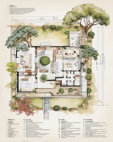(construction floor plan: 1.3) for a modern Japanese house, architectural sketch, watercolor, trending on cg society, modernism, a huge bonsai tree, pinterest render, doll house, an extremely detailed