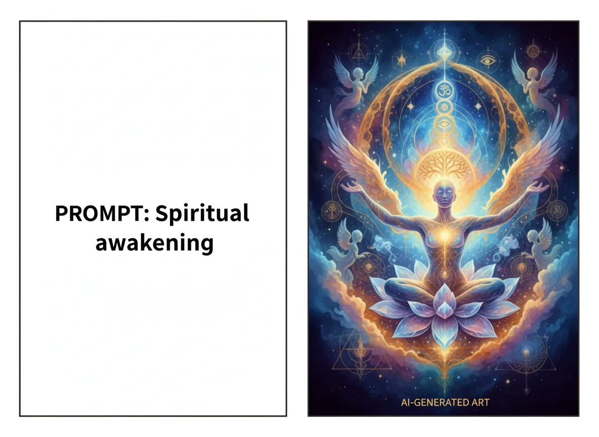 Ein direkter Vergleich, der einen einfachen Text-Prompt und die daraus resultierende komplexe, KI-generierte spirituelle Kunst zeigt.