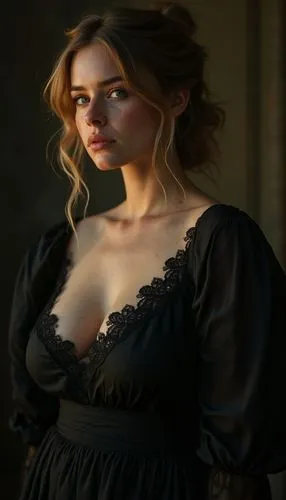 A beautiful woman with freckles, curvy voluptuous figure, and sad but enigmatic smile stands in a loose black silk gown with intricate lace detail on bodice, blue green eyes hidden behind spectacles, 