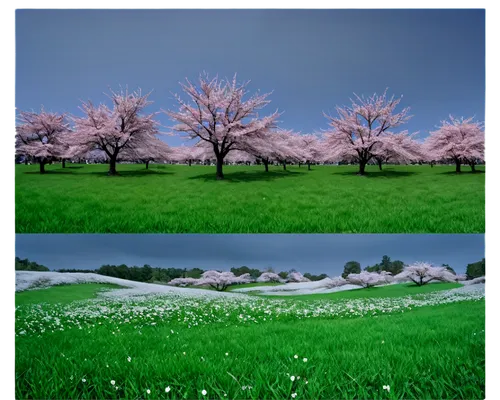 9 panoramic view, cherry blossoms, green grass, blue sky, fluffy white clouds, morning dew, subtle lens blur, cinematic lighting.,two pictures of pink blossoms and green grass,japanese cherry trees,sa