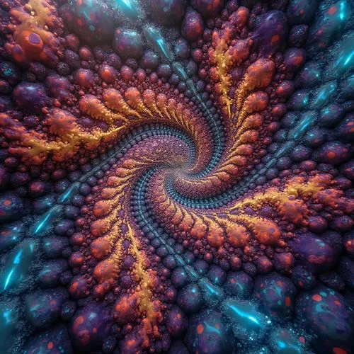 multidimensional fractal in colored patterns,the image is looking up at the top of the image, the blue and yellow spiral looks like it is floating down,colorful spiral,spiral nebula,fractal environmen