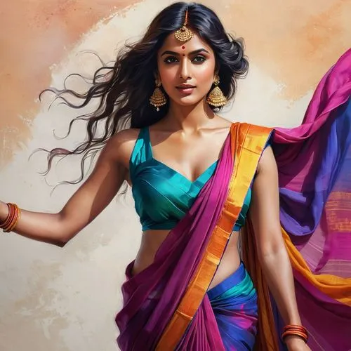 A beautiful 26 year old woman in a flowing, colorful sari. Low cut. Flirty.
,the woman with a sari in hand has her arms spread out,anushka shetty,arundhati,savithri,sari,shakuntala,shruthi,saree,gandh