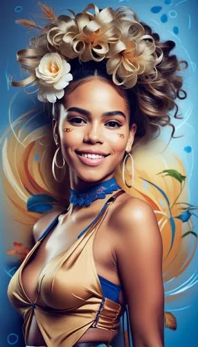 there two cute black girls wearing a big smile and a choker necklace. The background is painted in the style of Frida Kahlo,a woman with large hair and flowers in her hair,portrait background,fashion 