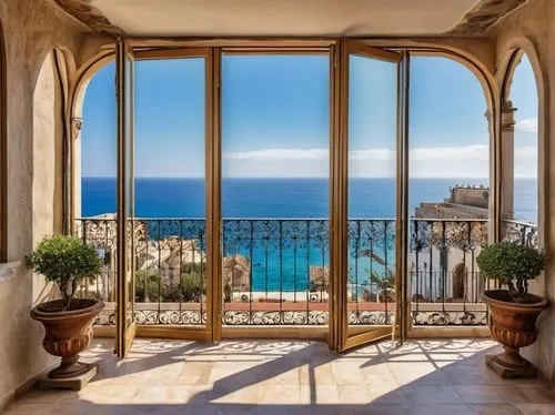 View of the Mediterranean Sea from an painting painting depicting a large French window opened onto a large balcony. The balcony is surrounded by ornate wrought iron railings, reminiscent of the Art N
