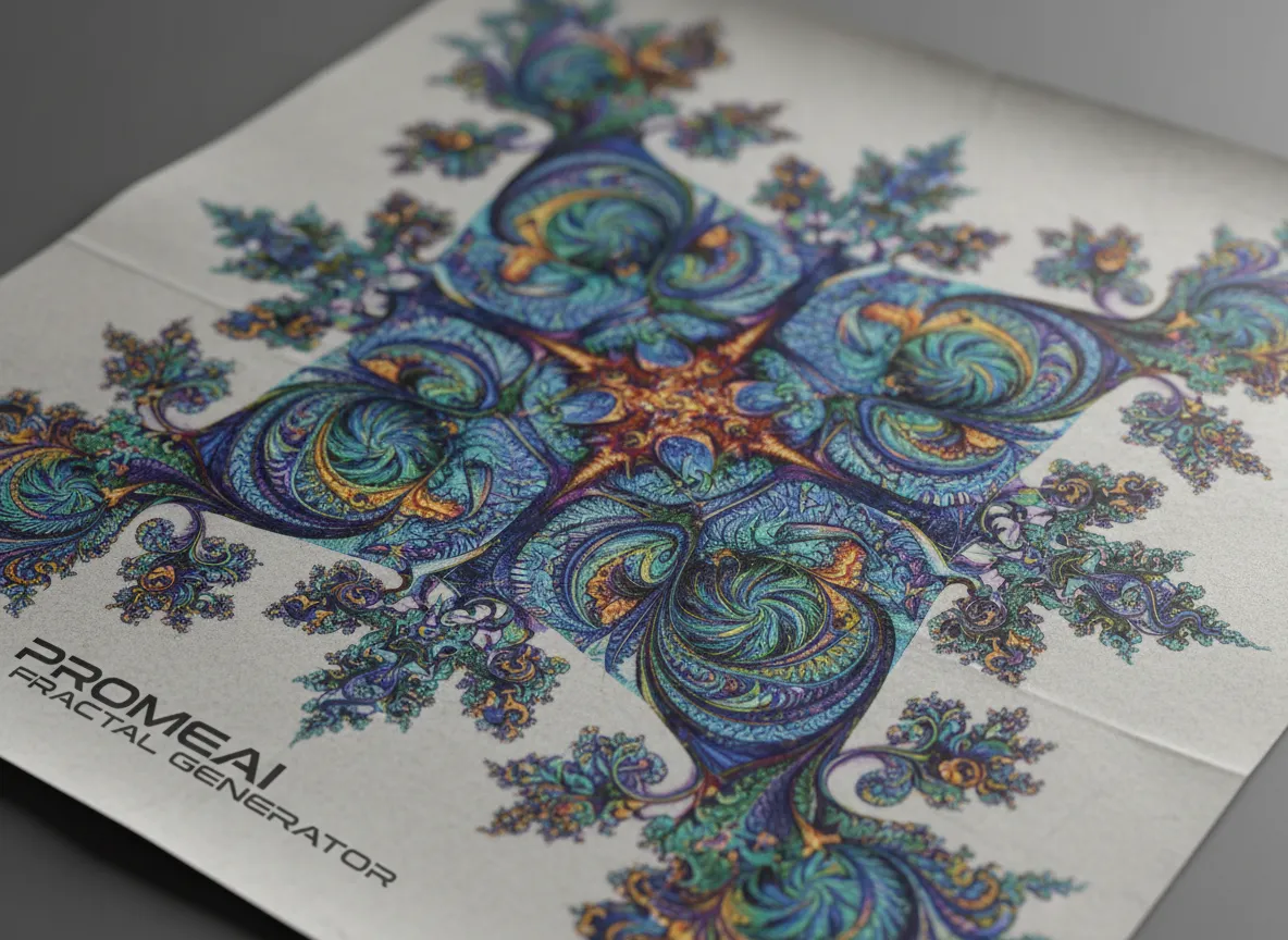 एक मुद्रित पोस्टर का क्लोज़-अप शॉट, जो PromeAI द्वारा उत्पन्न एक जटिल फ्रैक्टल आर्ट डिज़ाइन की स्पष्ट, विस्तृत रेखाओं को उजागर करता है।