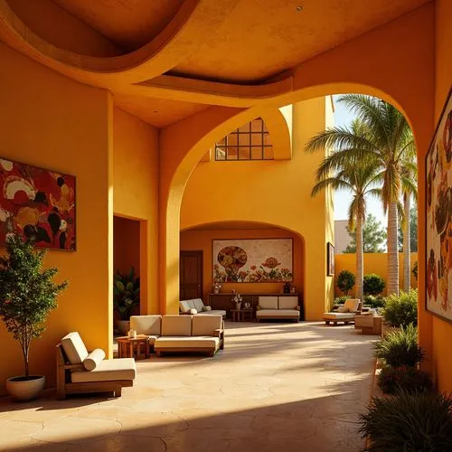 Vibrant amber hues, warm golden lighting, bold expressionist architecture, curved lines, abstract shapes, irregular forms, dynamic compositions, emotive brushstrokes, rich textures, warm wooden accent