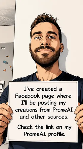 Anime style:

I am holding a sign with the following message written on it:
"I’ve created a Facebook page where I’ll be posting my creations from PromeAI and other sources. Check the link on my PromeA