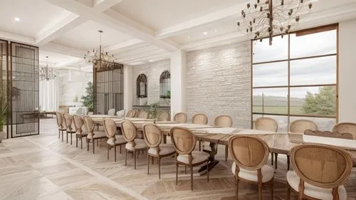 modern rustic dining hall. add lighting, trees. show colors stone floor, wood, white plaster textures,breakfast room,dining room,luxury home interior,kitchen & dining room table,dining room table,dini