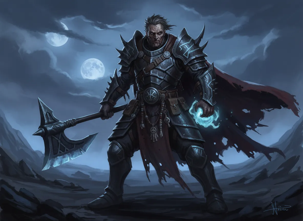 Un concept art a figura intera di un personaggio moralmente ambiguo con un'armatura intricata e un'espressione provata, che mette in mostra un character art ad alto contrasto.