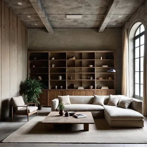 a living room with a couch, table, and bookcase,minotti,cassina,danish furniture,donghia,modern minimalist lounge,associati,contemporary decor,loft,natuzzi,concrete ceiling,furniture,modern decor,sofa