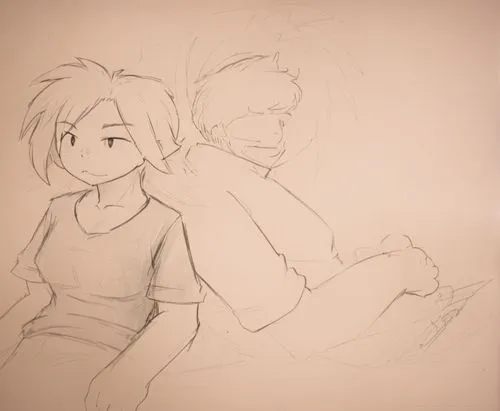 An unfinished, minimalist anime-style character. A rough black-and-white pencil sketch with bold lineart, shaky and uneven lines, accidental smudges, erased areas, and inconsistent shading. Medium-len