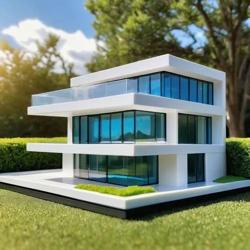 Simple modern villa, white walls, large windows, flat roof, minimal decorations, green lawn, few trees, sunny day, blue sky with few clouds, soft warm lighting, 3/4 composition, slight angle shot, cle